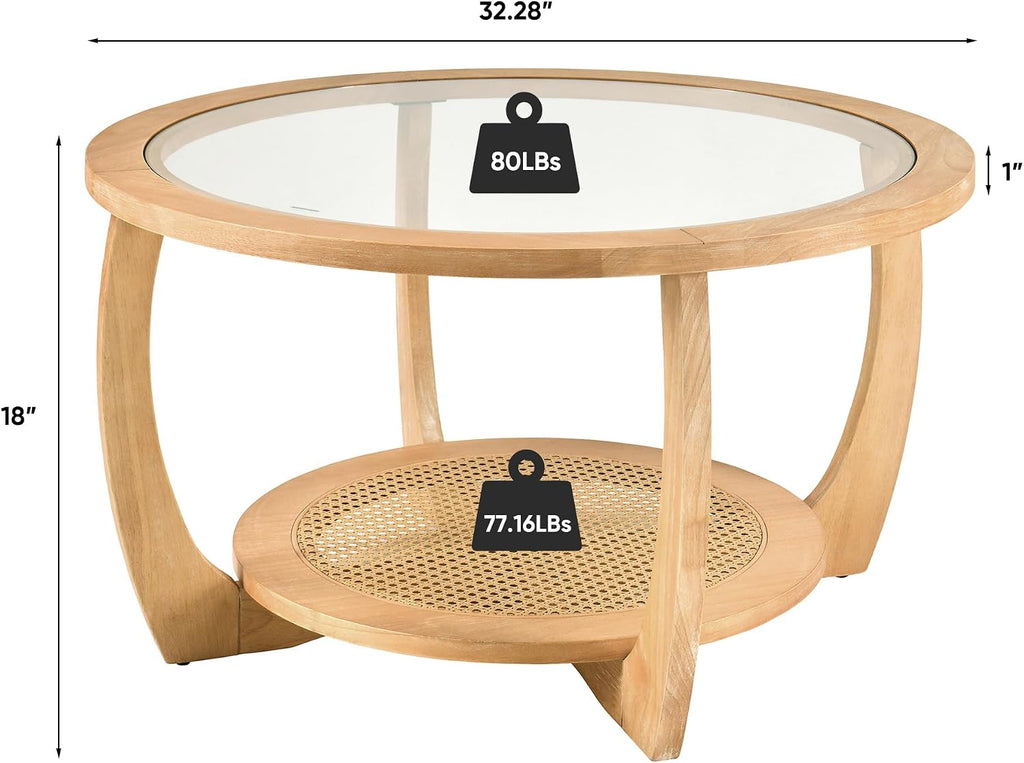 Round Wood Coffee Table with Glass Top, Solid Wooden Circle Center Table with Curved Legs and Handmade Rattan Storage Shelf, Farmhouse Cocktail Table for Living Room, Light Brown 32.28' x 18'