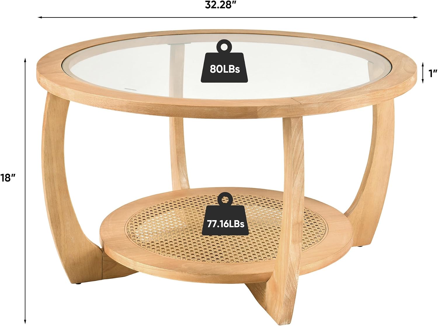 Round Wood Coffee Table with Glass Top, Solid Wooden Circle Center Table with Curved Legs and Handmade Rattan Storage Shelf, Farmhouse Cocktail Table for Living Room, Light Brown 32.28' x 18'