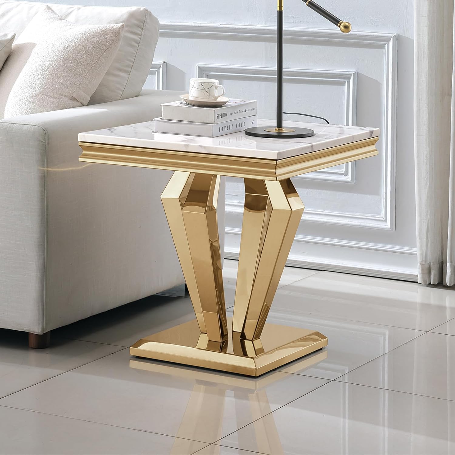 Henf 3 Piece Living Room Table Set, Faux Marble Coffee Table & Console Table & End Table, Luxury White Gold Coffee Table Set of 3 with Mirrored Stainless Steel Base for Living Room Apartment