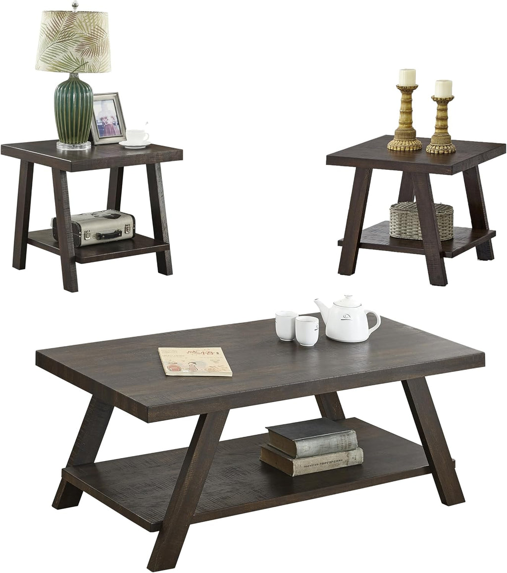 3-Piece Living Room Table Set, Coffee Table& Two End Tables, Side Table with Wood Storage Shelf for Living Room, Bedroom (Espresso, 48' L x 24' W x 19' H)