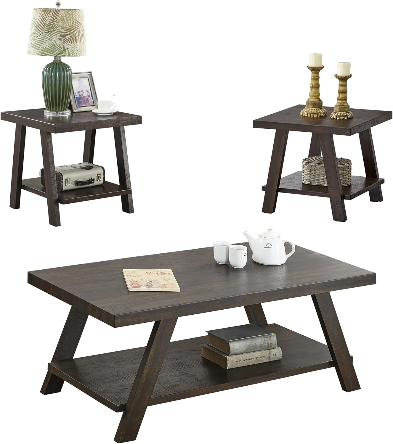 3-Piece Living Room Table Set, Coffee Table& Two End Tables, Side Table with Wood Storage Shelf for Living Room, Bedroom (Espresso, 48' L x 24' W x 19' H)