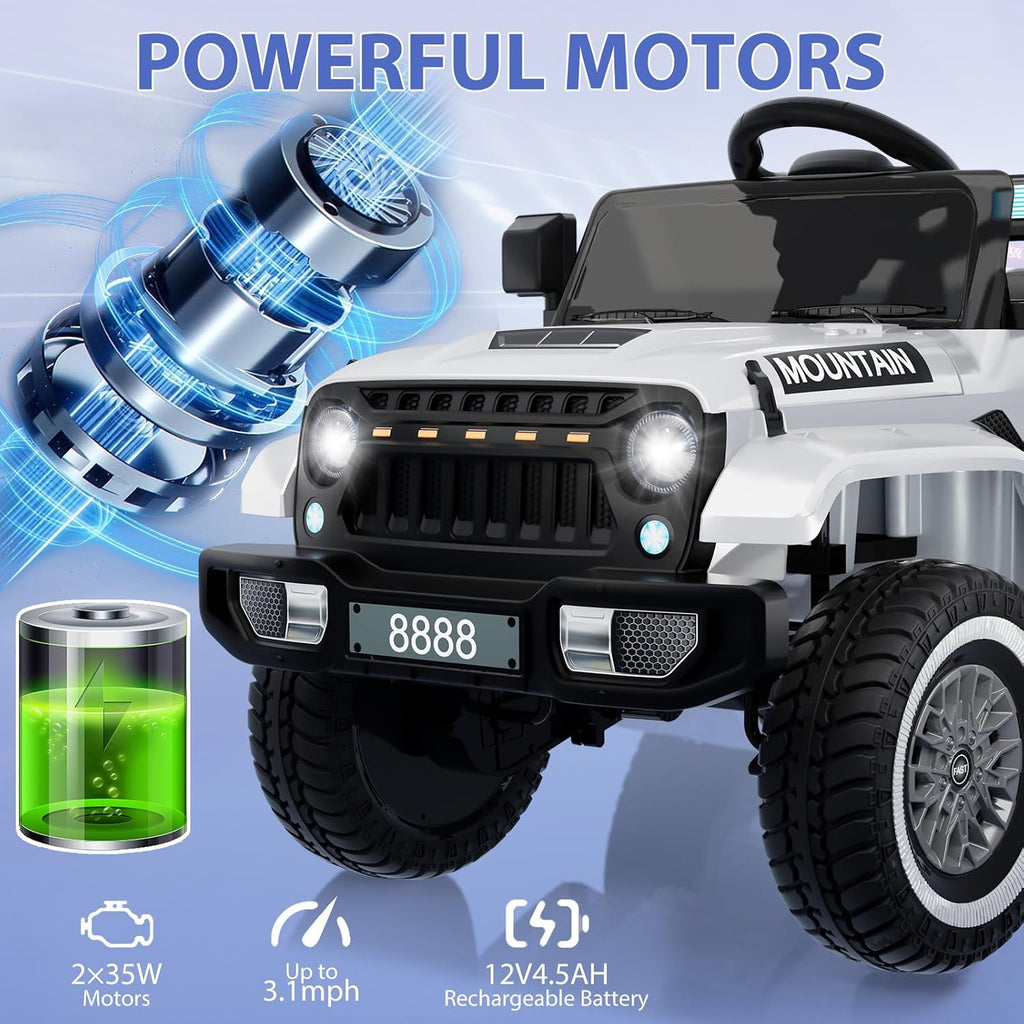 Garvee 12V Kids Ride On Truck Car, Battery Powered Electric Vehicles with Remote Control, Spring Suspensions, 3 Speeds, LED Lights, Music, MP3, Ride On Toy Car for Children Toddles Boys Girls, White