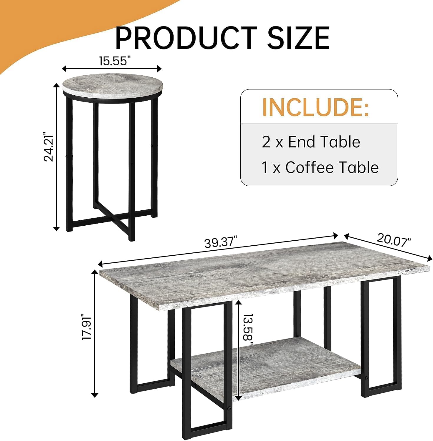 AWQM 3 Pieces Living Room Table Set, Faux Marble Coffee Table with 2 Round End Side Tables, Coffee Table Set with Metal Frame for Apartment Home Office, Grey&Black