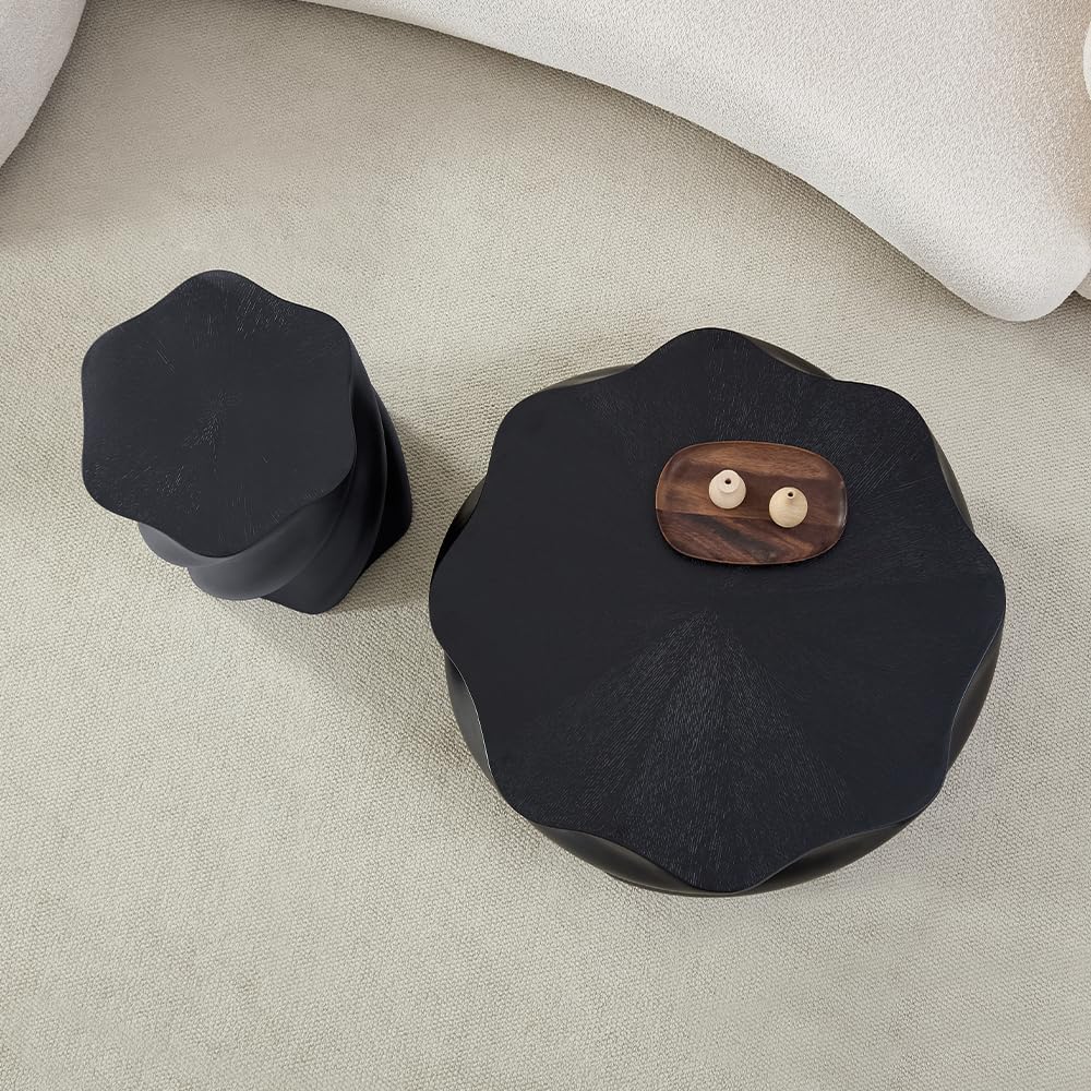 WILLIAMSPACE 17.72' End Table with Flower Shaped, Modern Drum Distorted Small Coffee Table Faux Stone Side Table for Living Room Apartment, Fiberglass, No Assembly (Black)