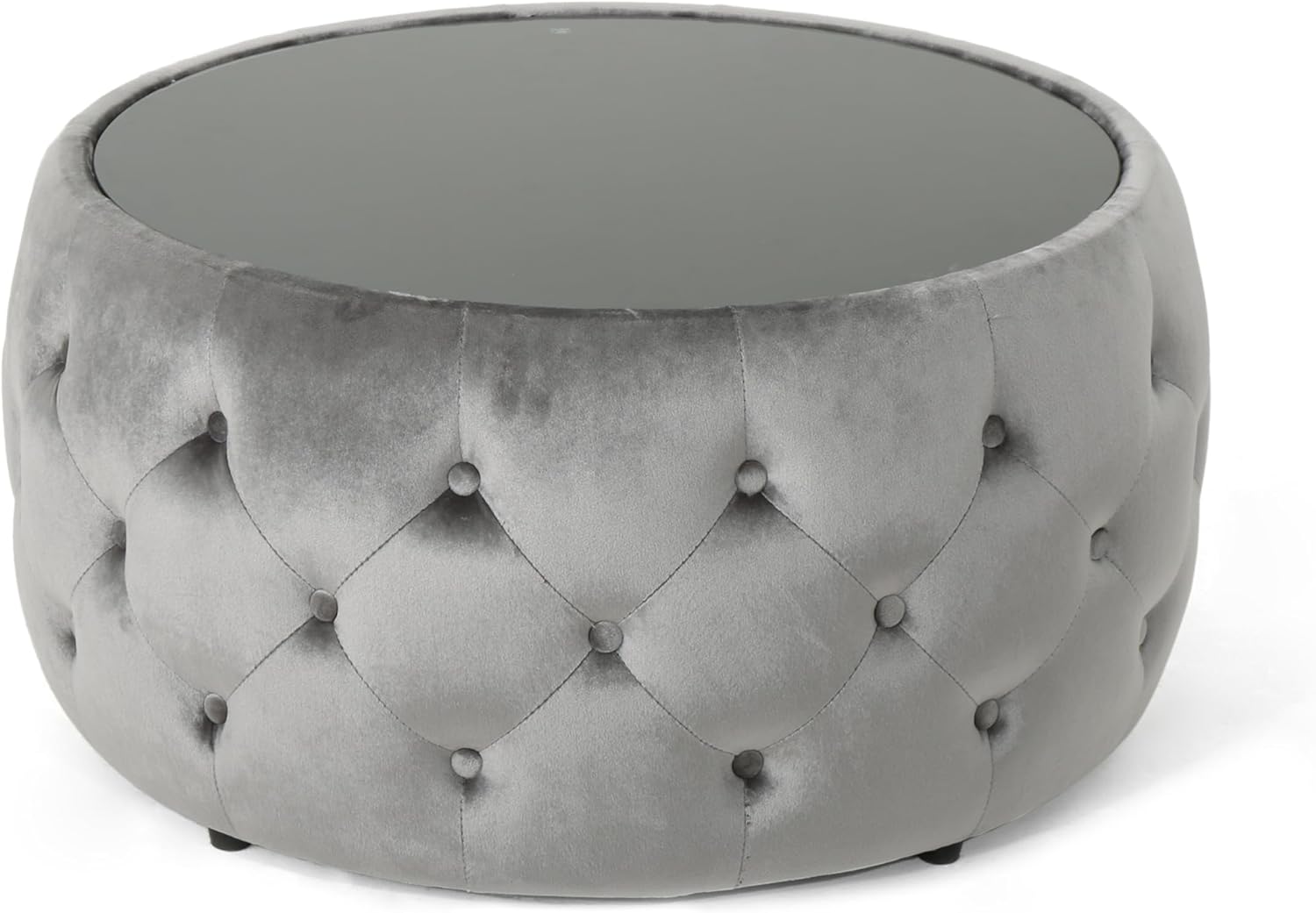 30' Round Velvet Ottoman Coffee Table, Button Tufted Coffee Table with Tempered Glass Top Modern Upholstered Tufted Velvet Cocktail Center Table for Living Room, Fully Assembled (Gray)