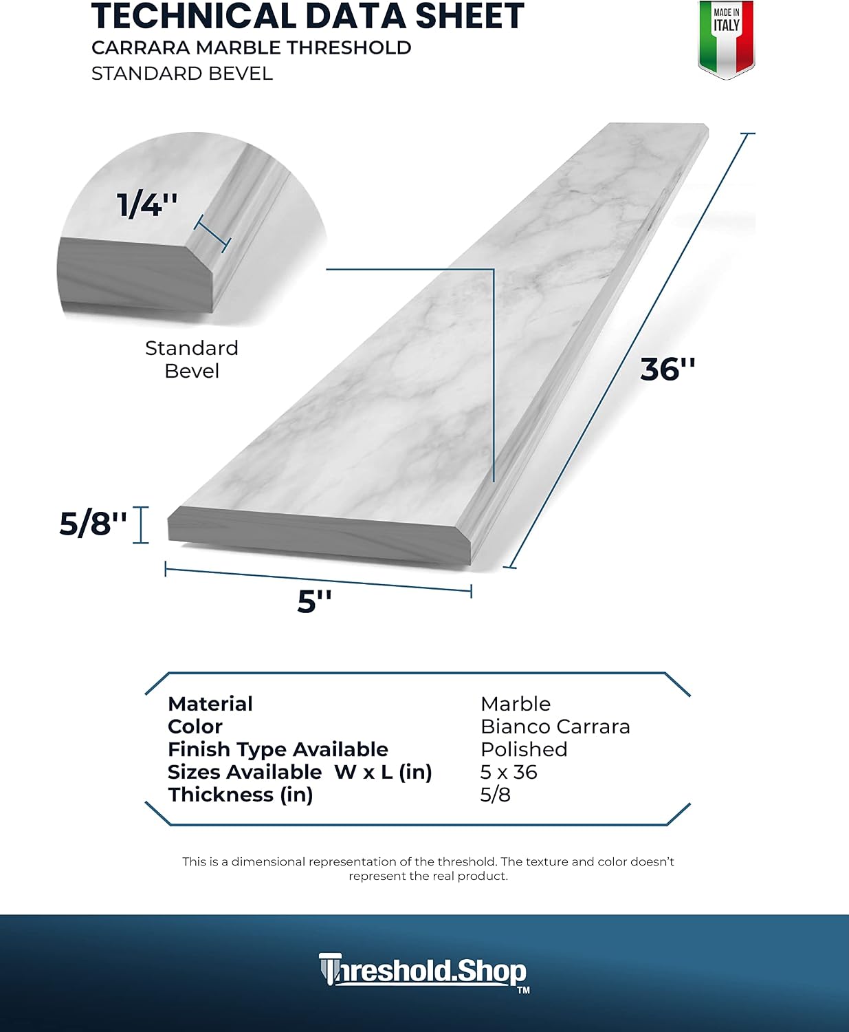 Italian White Carrara Polished Marble Threshold Double Bevel for Floor Transitions (5' x 36')