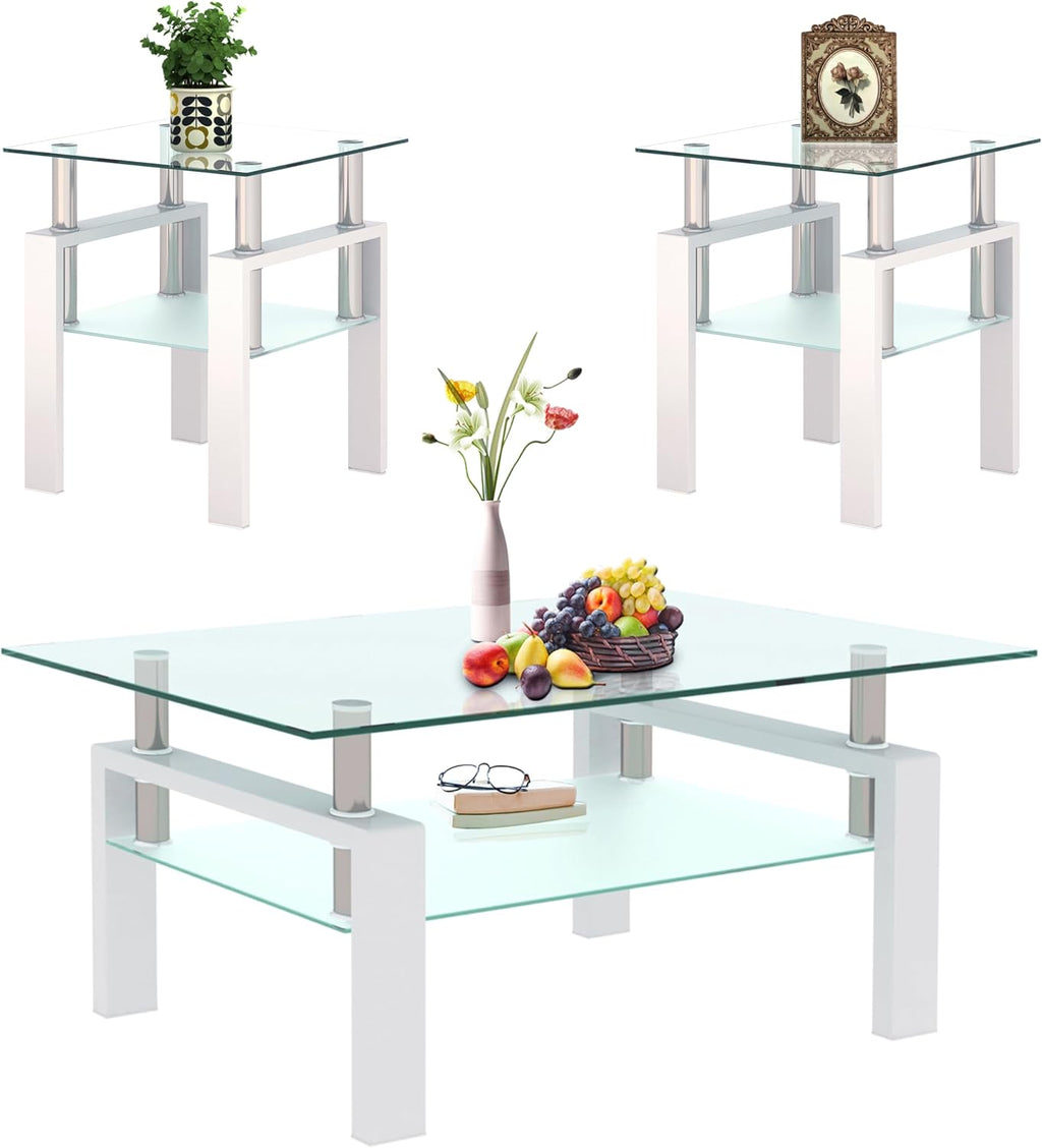 Glass Coffee Table Sets of 3 for Living Room, Mordern End Table Sofa Side Tables with Storage, Black Metal Leg, Rectangle Tempered Center Table Home Furniture Set (White)