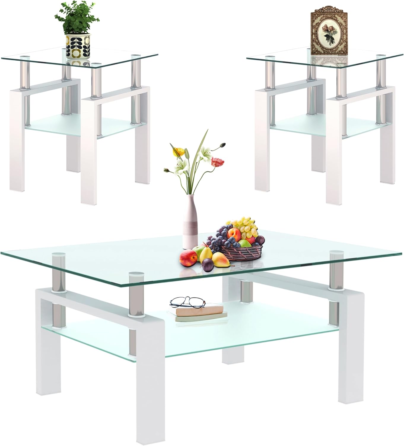 Glass Coffee Table Sets of 3 for Living Room, Mordern End Table Sofa Side Tables with Storage, Black Metal Leg, Rectangle Tempered Center Table Home Furniture Set (White)
