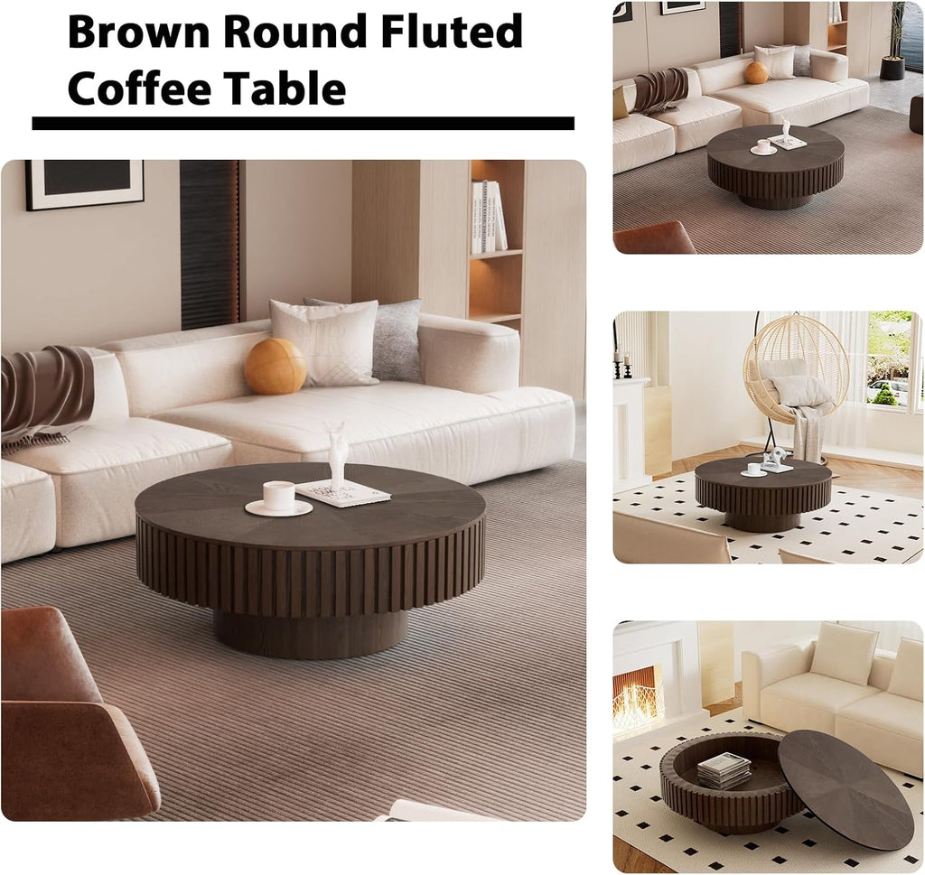 Round Fluted Coffee Table with Storage, Modern Wooden Circle Drum Coffee Tables Handcrafted Fluted Centry Table for Living Room Apartment Small Space
