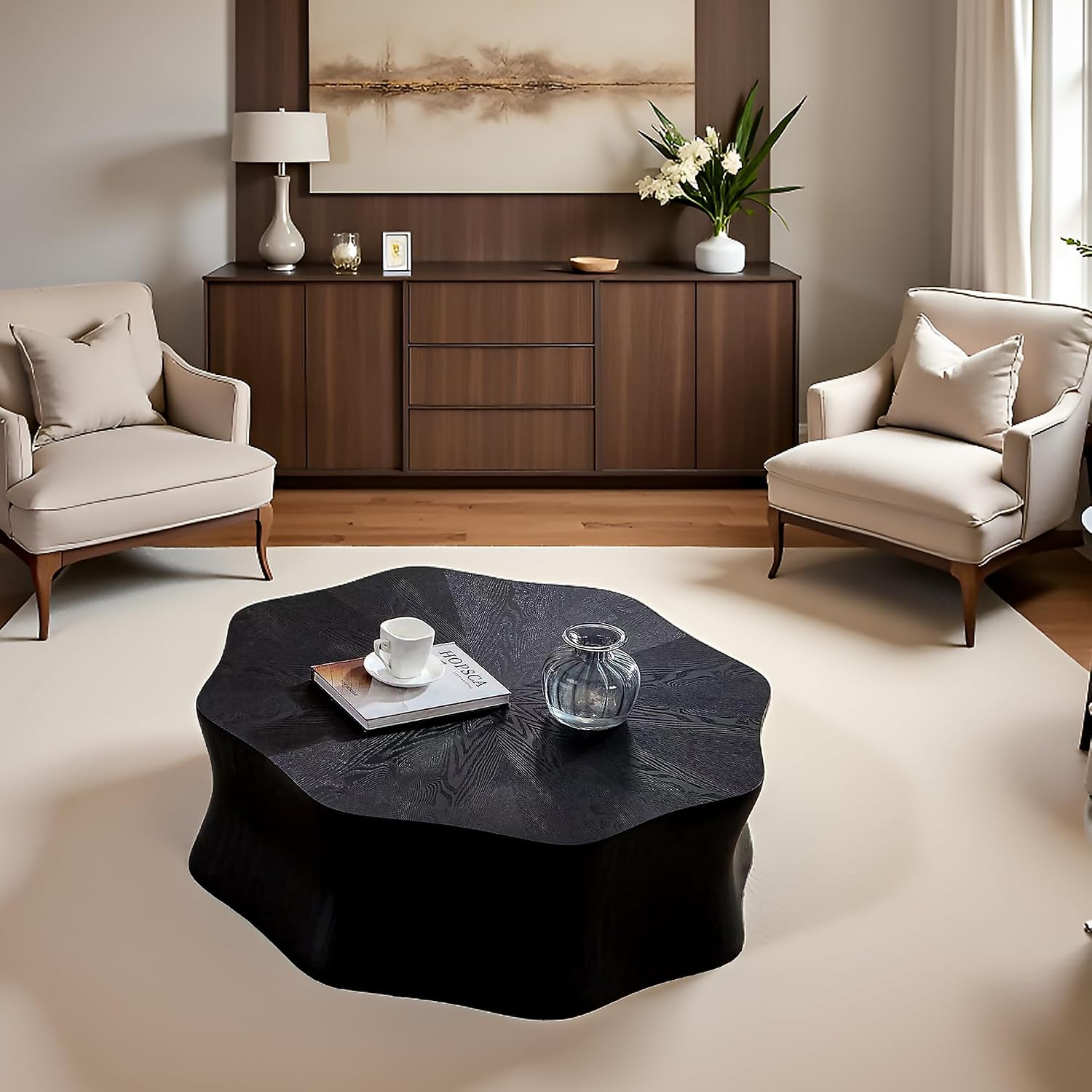 35.4' Square Coffee Table for Small Spaces, Black Flower Petal Design with Sturdy MDF Top, Low Profile Modern Minimalist Accent Center Table for Apartment, Lounge, Office