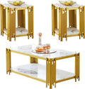 Elegant Marble Coffee Table Set of 3 White Faux Marble Coffee Table End Table Set with Gold Metal Frame 3 Piece Living Room Table Set with 1 Rectangle Coffee Table & 2 Square Side Table
