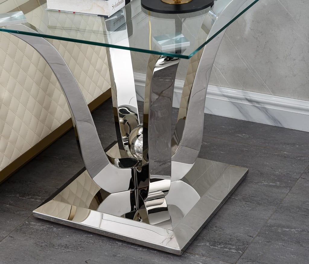 Modern Silver Glass End Table, Sqaure Sofa Side Table with Tempered Glass Top & Silver Stainless Steel Frame, Luxury Glass Accent End Table Bedside Table Nightstand for Living Room Bedroom