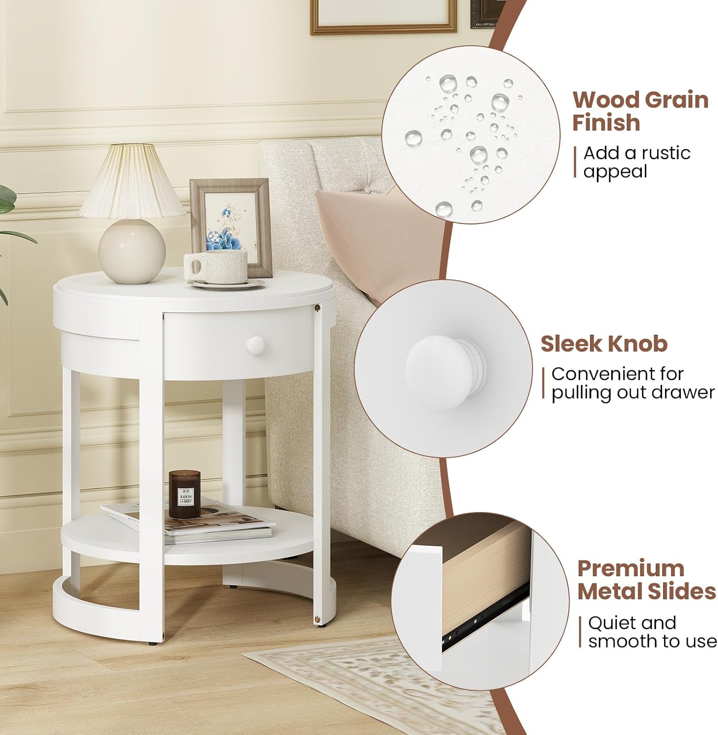 Giantex Round Side Table Set of 2, 2-Tier Wooden End Table with Drawer and Shelf, Vintage Wood Grain Finish, Modern Circle Night Stand for Living Room Bedroom, White