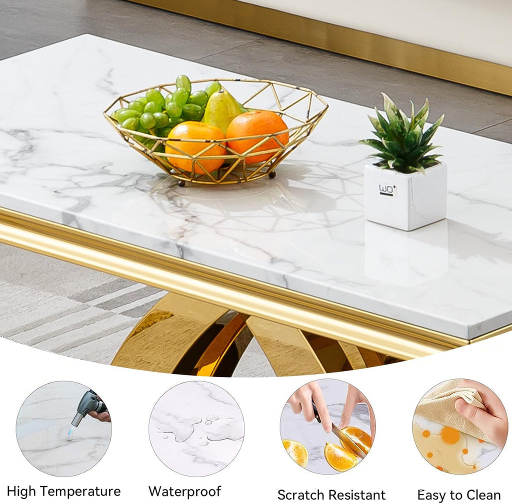 47in White Gold Coffee Table, Modern Faux Marble Coffee Table Living Room Table with Double X-Shaped Stainless Steel Base,Rectangle Marble Coffee Cocktail Table Center Table for Home&Office