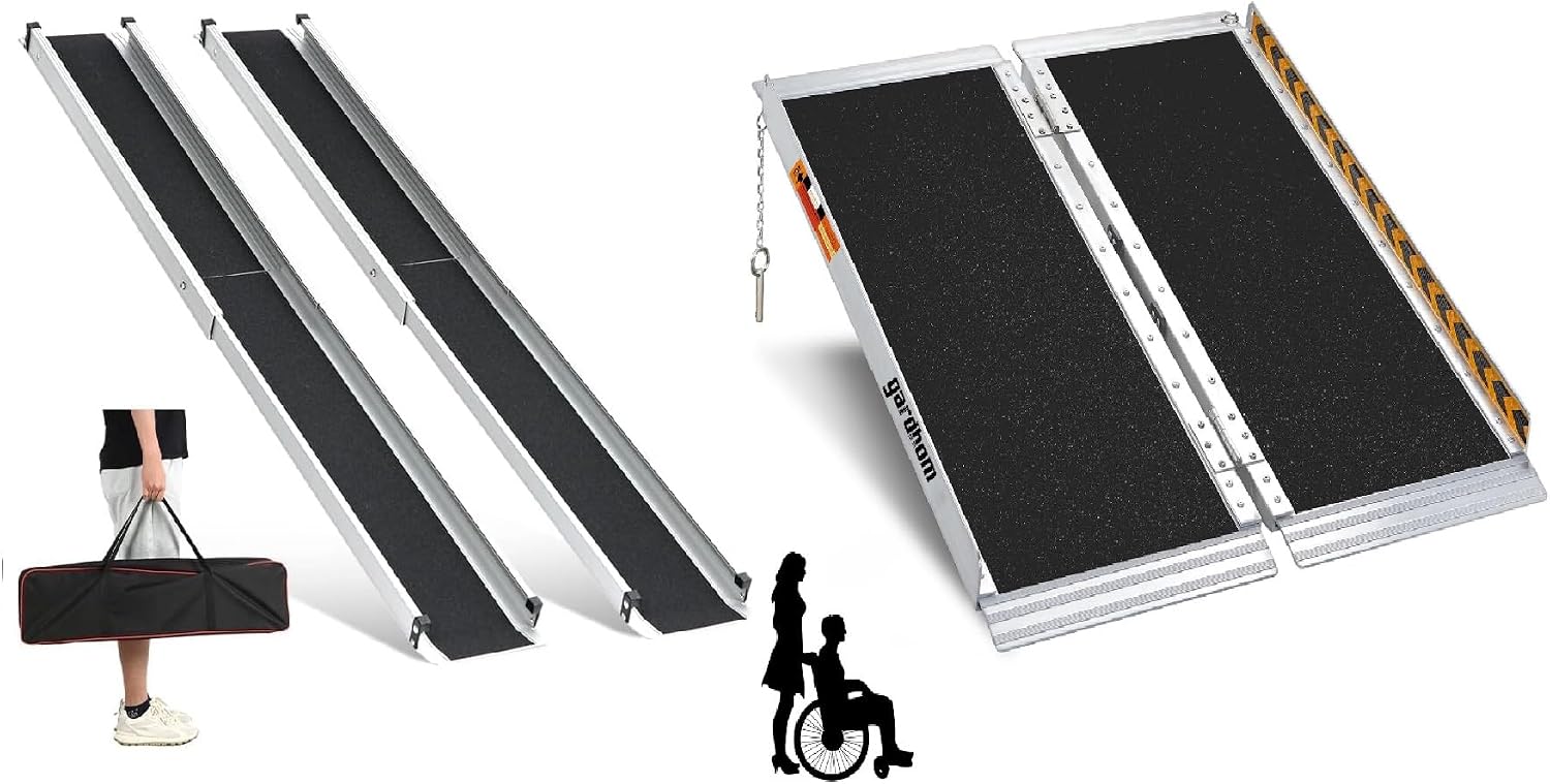 gardhom Bundled 3FT 5FT Portable Ramp Non Skid Aluminum Folding Handicap Ramp Wheel Chair Ramp for Steps Home Threshold Doorways Steps Stairs…