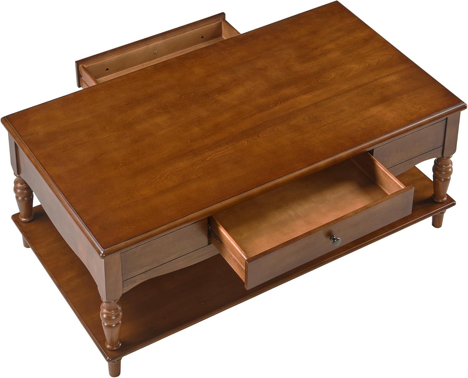 Living Room Table Set-One Rectangular Coffee Table and Two Square End Tables with Storage Drawer, Elegant Vintage Sofa Center Table with Wood Carved legs, No-Tools Assembly, Caramel Brown KFZ-CJZ-C008