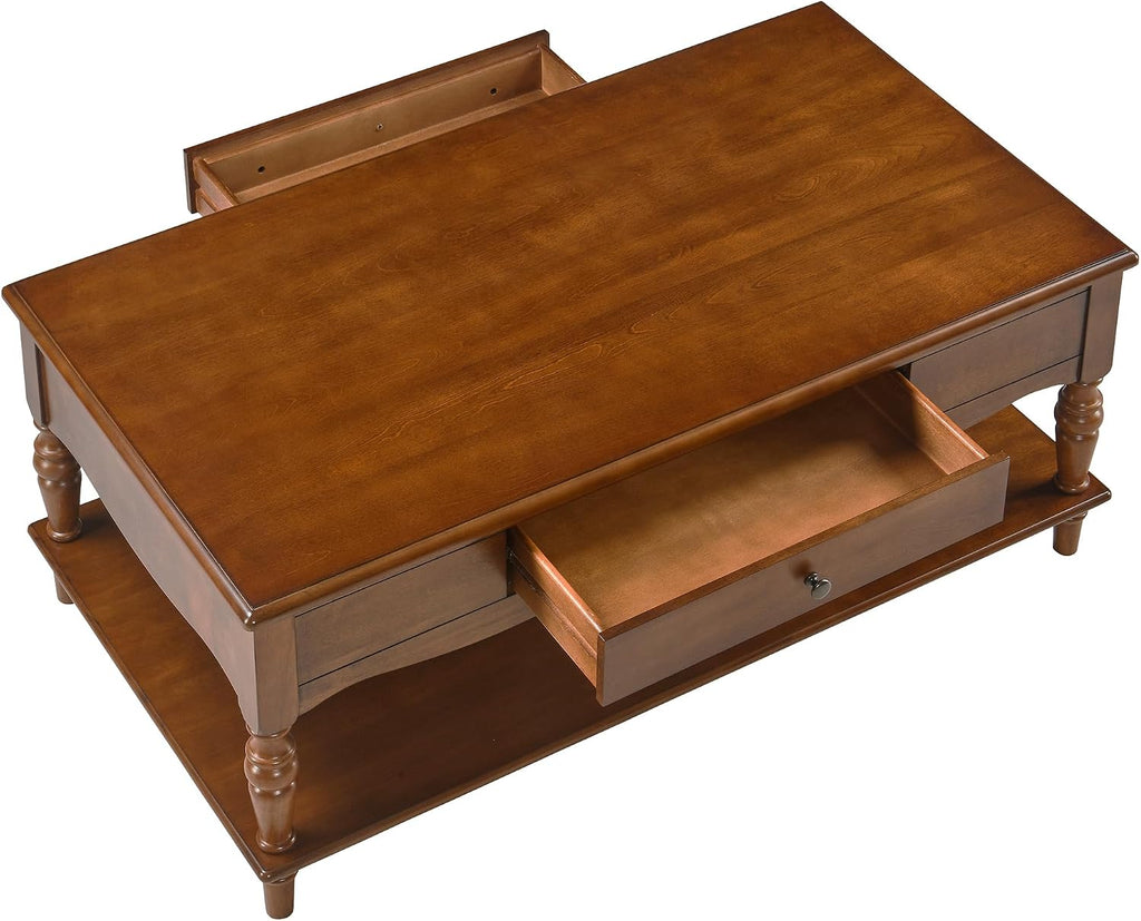 Rectangular Coffee Table with 2 Storage Drawers, Mid-century Solid Wood Living Room Table with Carved Leg, Elegant Vintage Center Table, No-Tools Assembly, 43.3'L x 23.6'W x 18'H Caramel Brown KFZC008