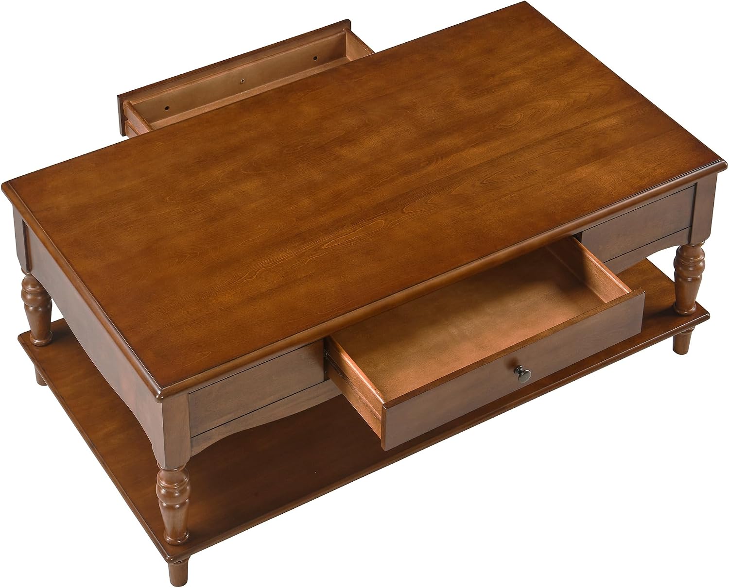 Rectangular Coffee Table with 2 Storage Drawers, Mid-century Solid Wood Living Room Table with Carved Leg, Elegant Vintage Center Table, No-Tools Assembly, 43.3'L x 23.6'W x 18'H Caramel Brown KFZC008