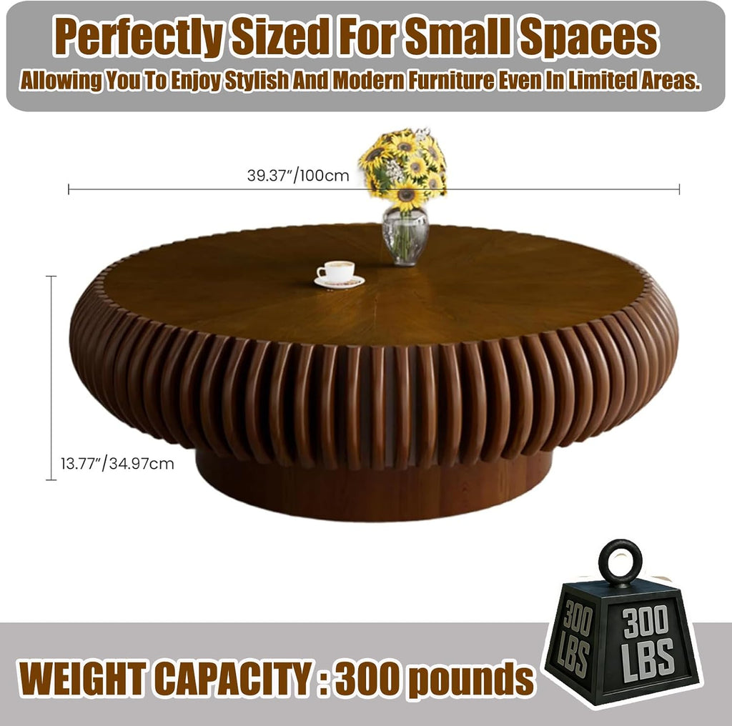 39.37' Round Drum Coffee Table, Modern Fluted Coffee Tables with Solid Wood Veneer, Wooden Circle Center Table for Living Room, Small Spaces, and Apartments, Easy Assembly