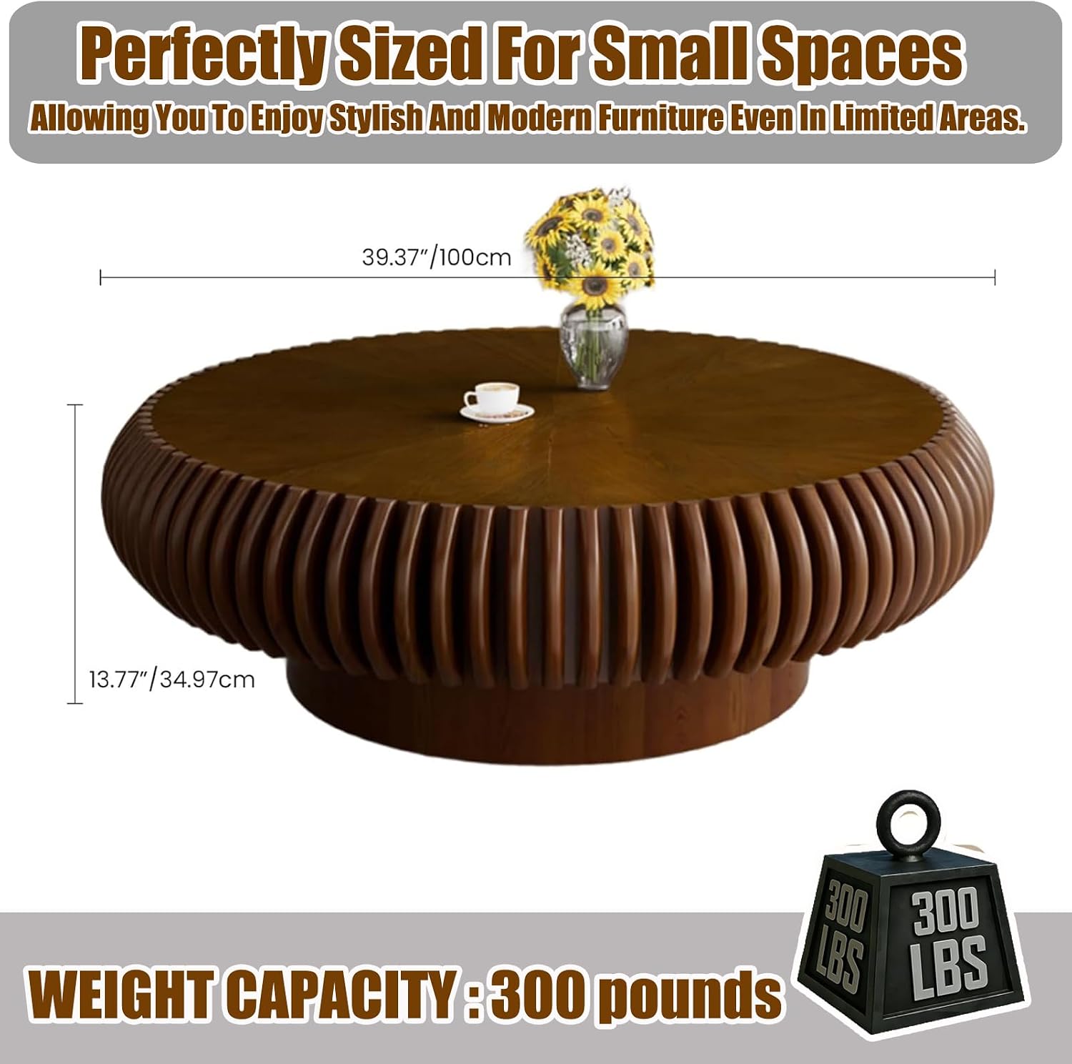 39.37' Round Drum Coffee Table, Modern Fluted Coffee Tables with Solid Wood Veneer, Wooden Circle Center Table for Living Room, Small Spaces, and Apartments, Easy Assembly