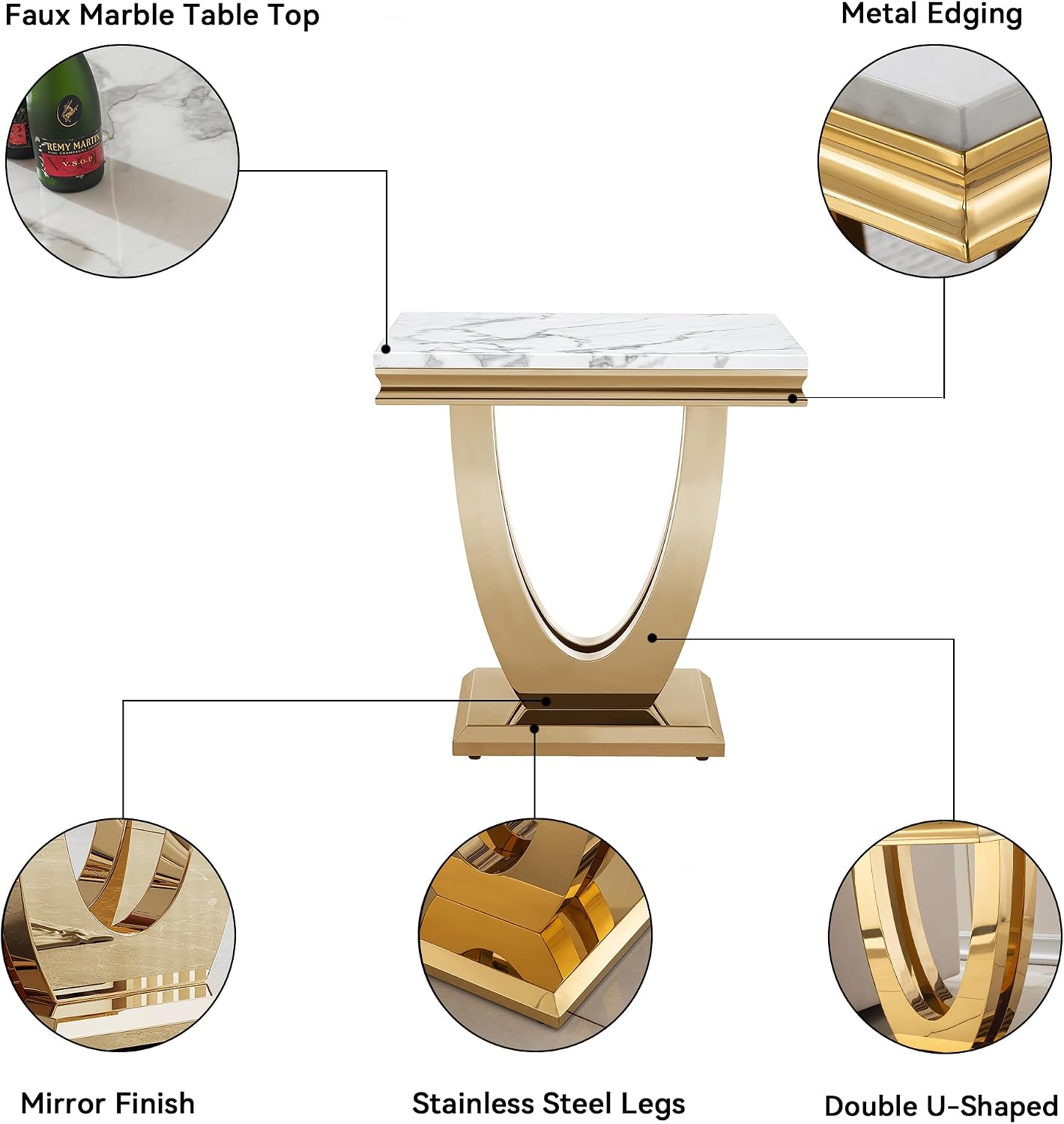 2 Pieces Living Room Table Set, Faux Marble Coffee Table Set of 2, Modern Coffee Table and End Table with U-Shaped Stainless Steel Base for Living Room (White Gold)