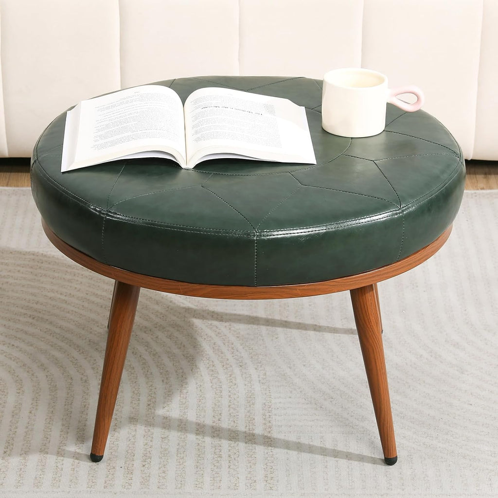 Green Round Ottoman Coffee Table, 24-Inch Faux Leather Cushioned Footstool with Solid Wood Bookshelf & Frame, Multifunctional Storage Ottoman for Living Room, Bedroom