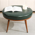 Green Round Ottoman Coffee Table, 24-Inch Faux Leather Cushioned Footstool with Solid Wood Bookshelf & Frame, Multifunctional Storage Ottoman for Living Room, Bedroom