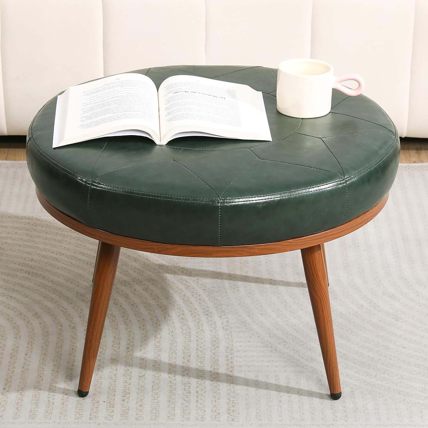 Green Round Ottoman Coffee Table, 24-Inch Faux Leather Cushioned Footstool with Solid Wood Bookshelf & Frame, Multifunctional Storage Ottoman for Living Room, Bedroom