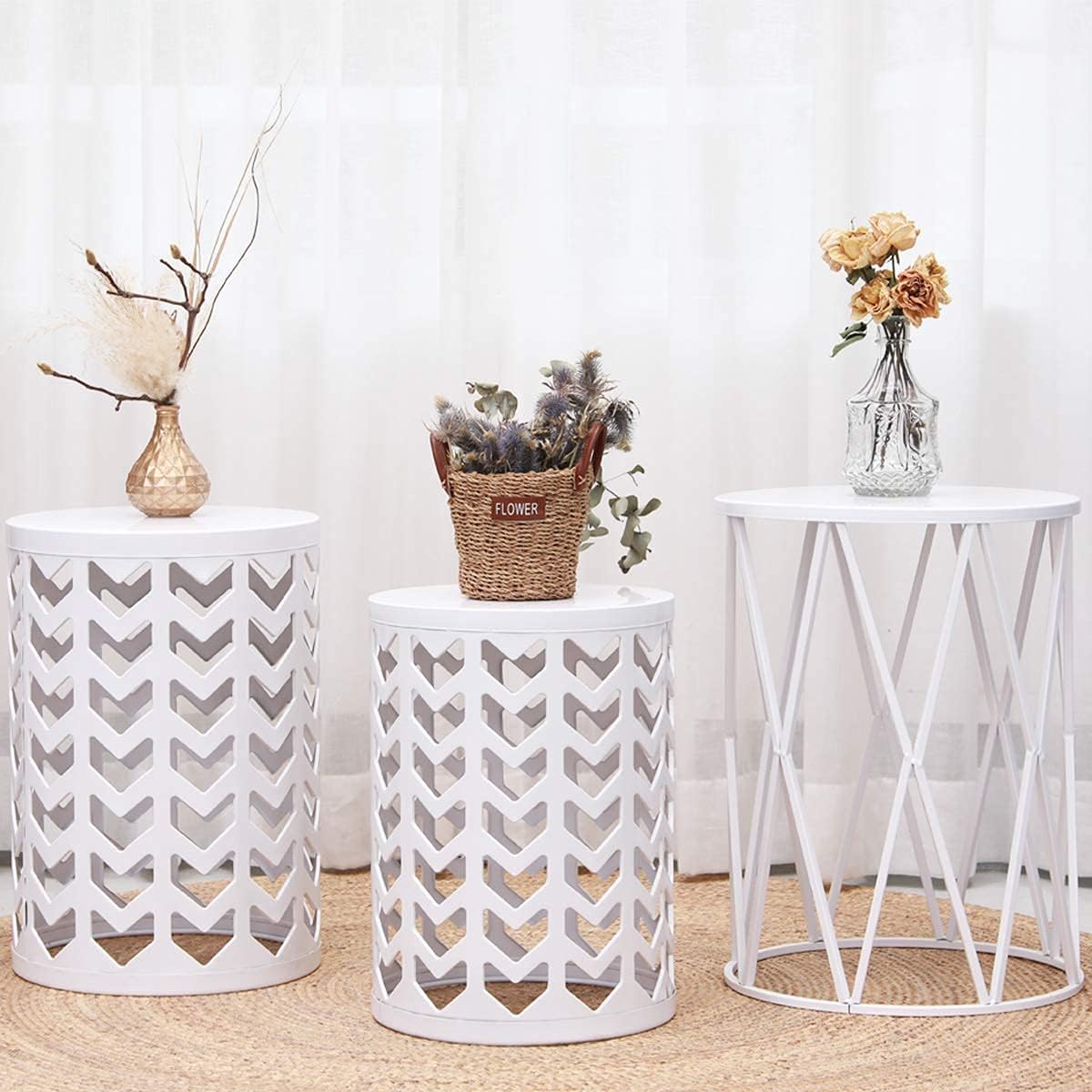 HFHOME Nesting Coffee Tables Set of 3, Industrial Metal Stacking Accent Side Tables Circle Table for Small Space, Living Room, Apartment, Bedroom Indoor - White