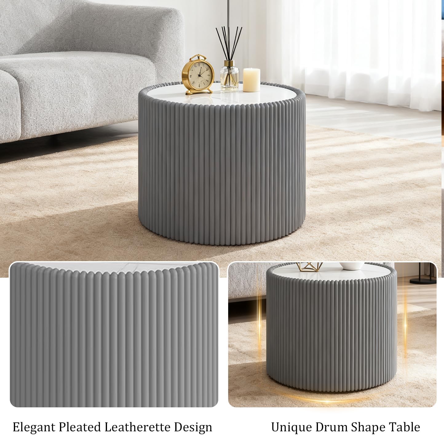 Modern Round Coffee Table Set of 2 Luxury Sintered Stone Top Coffee End Table in Black/Grey Leatherette Drum-Shape Small Coffee Side End Tables for Living Room,Fully Assembled