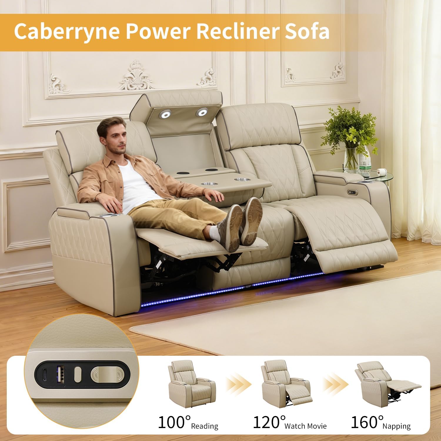 Power Recliner Sofa with LED Lights,Leather Reclining Couch with Double Recliner/USB Port/Coffee Table/Cup Holder for House/Home Theater(3 Seater Sofa,Paddy)