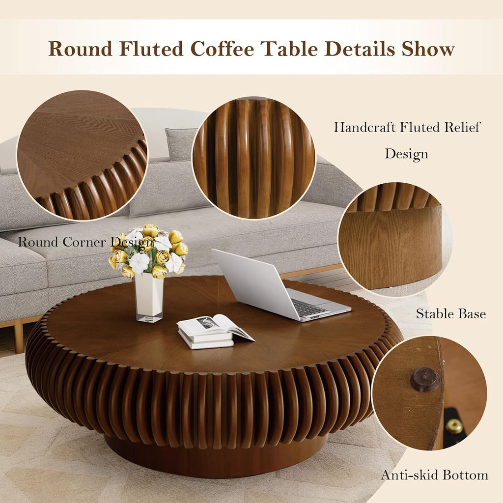 39.37' Round Fluted Coffee Table Unique Contemporary Wood Low Circle Drum Tea Tables with Sturdy Pedestal for Small Space (I Walnut 39.37in)