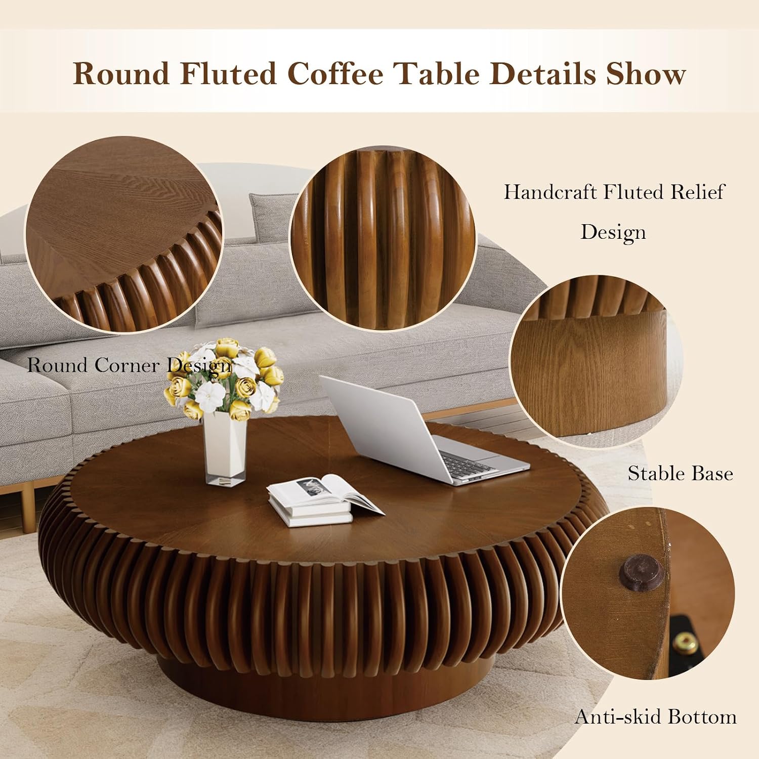 39.37' Round Fluted Coffee Table Unique Contemporary Wood Low Circle Drum Tea Tables with Sturdy Pedestal for Small Space (I Walnut 39.37in)