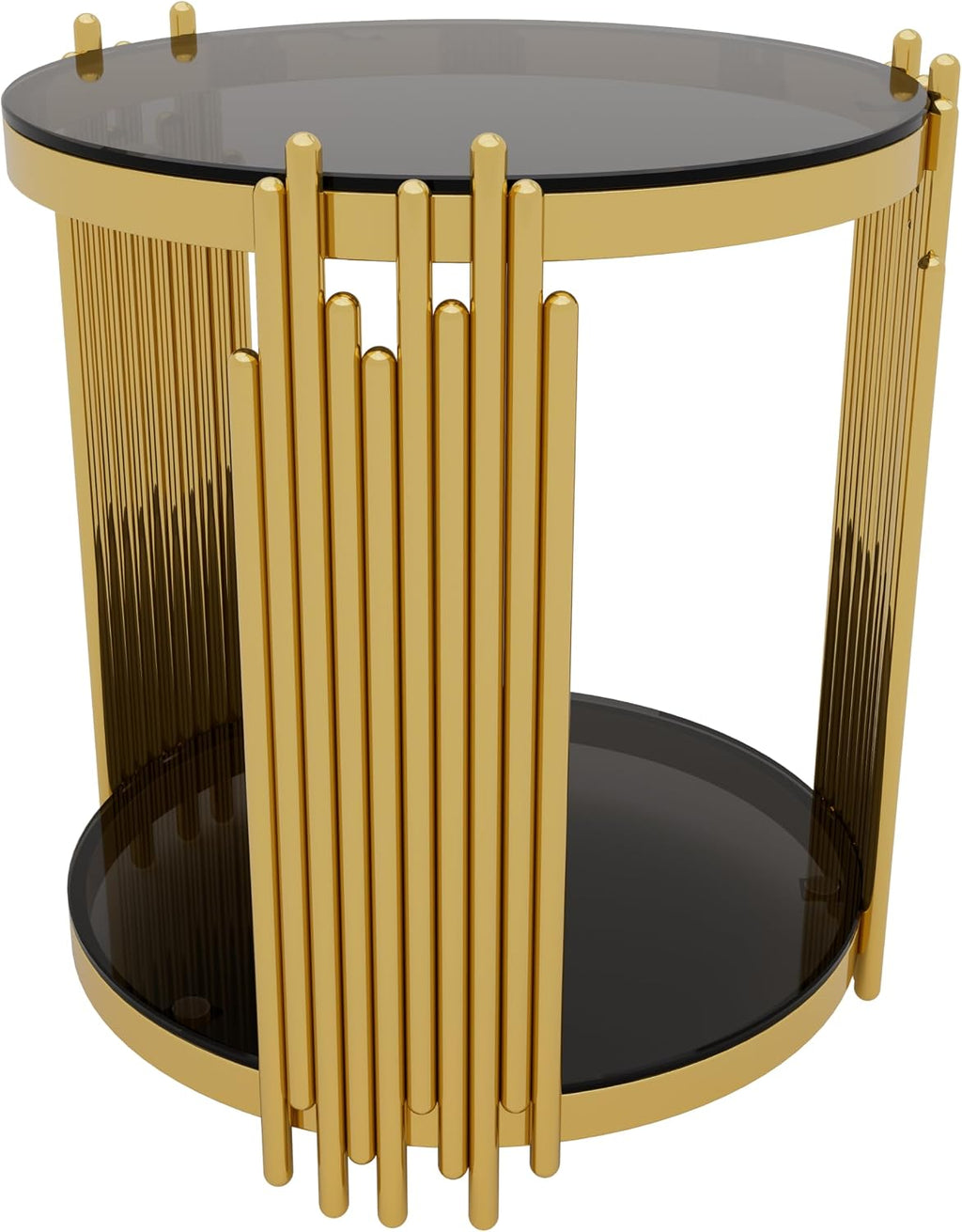 19.8'' Tempered Glass Side Tabel Round End for Living Room, 2-Tier Modern Accent Circle Design, Black Mirror Tabletop & Metal Drum Base, Easy Assembly, Black & Gold