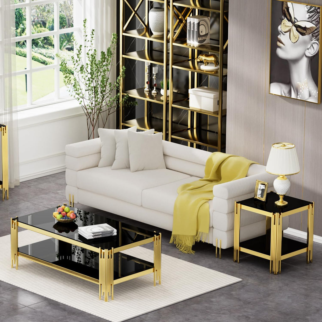 SSLine 2-Piece Living Room Table Set, Modern Black Glass Coffee Table with 1 End Table, Luxury Rectangle 2-Tier Storage Coffee Table Set with Gold Stainless Steel Frame for Living Room