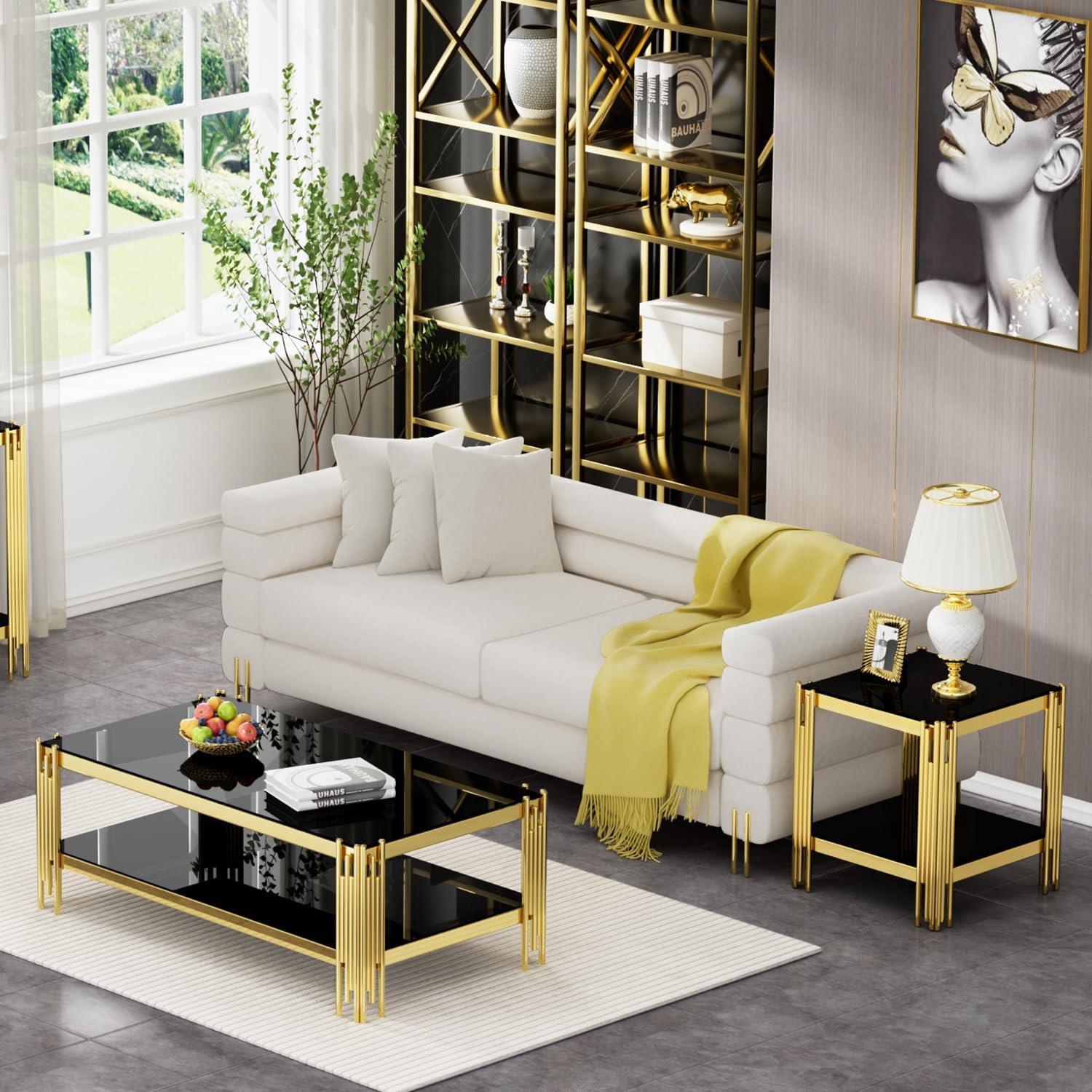 SSLine 2-Piece Living Room Table Set, Modern Black Glass Coffee Table with 1 End Table, Luxury Rectangle 2-Tier Storage Coffee Table Set with Gold Stainless Steel Frame for Living Room