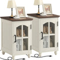 Narrow Side Table Set of 2,White Nightstand with Charging Station,End Table with Glass Barn Door Storage, Cabinet Organizer with Adjustable Shelf, Night Stand for Small Spaces Living Room Bedroom