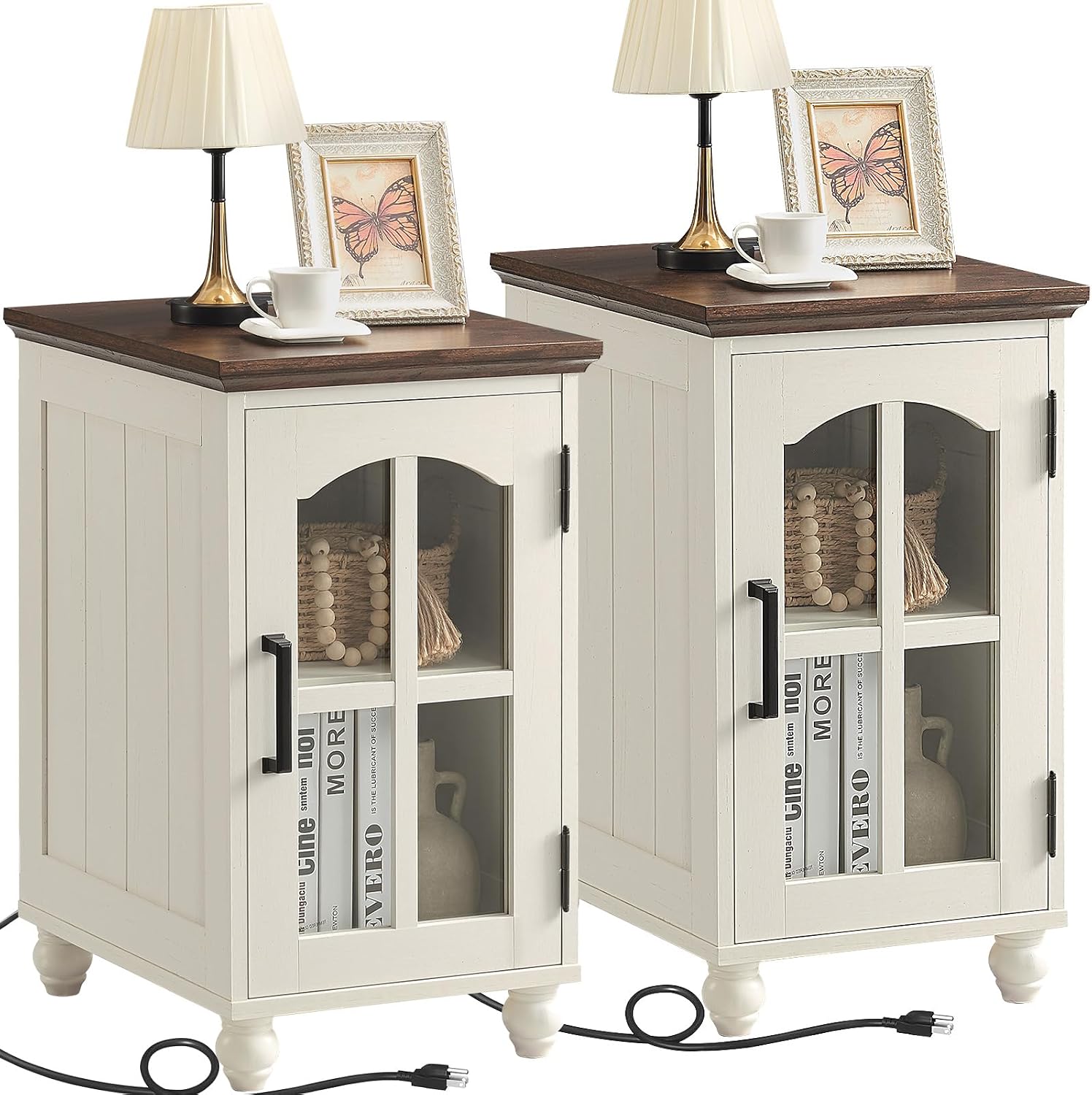 Narrow Side Table Set of 2,White Nightstand with Charging Station,End Table with Glass Barn Door Storage, Cabinet Organizer with Adjustable Shelf, Night Stand for Small Spaces Living Room Bedroom