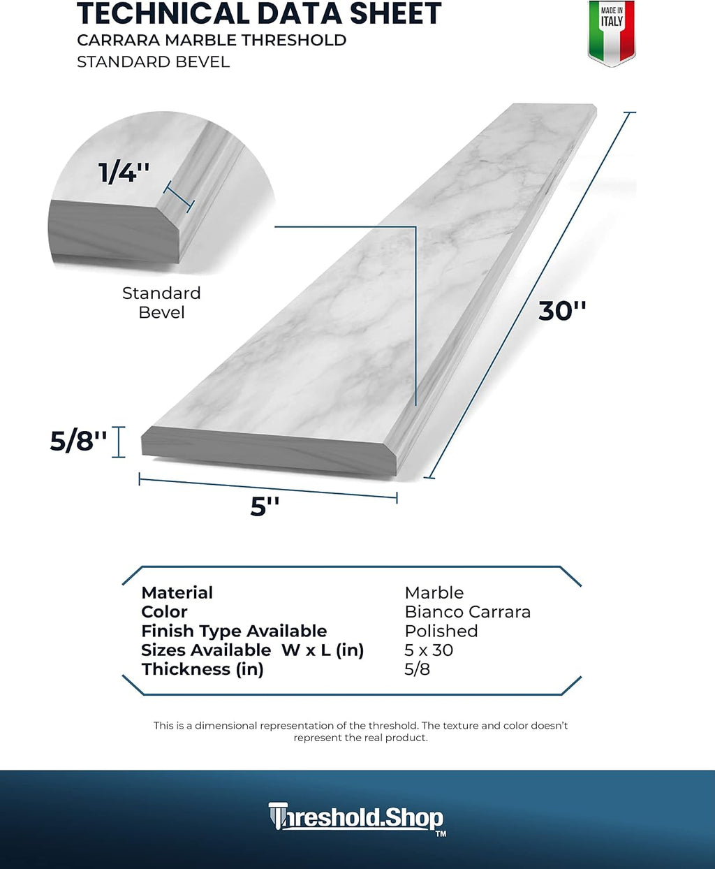 Italian White Carrara Polished Marble Threshold Double Bevel for Floor Transitions (5' x 30')