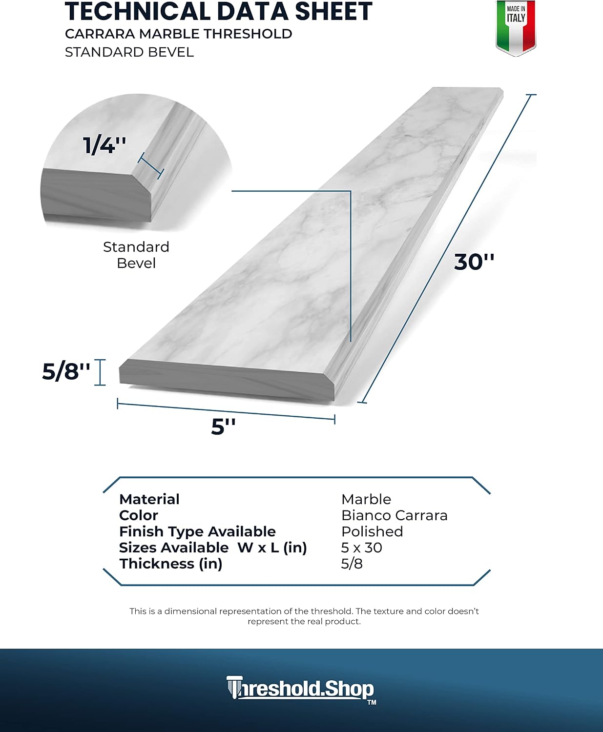 Italian White Carrara Polished Marble Threshold Double Bevel for Floor Transitions (5' x 30')