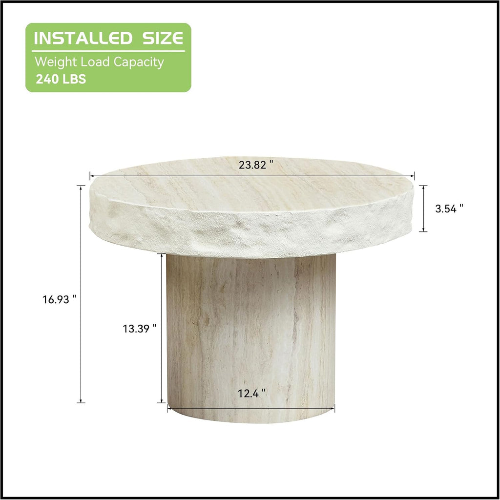 Modern End Table, 23.82'' Round Side Table, Faux Mars Top Small Drink Side Tables Accent Nightstand Living Room, Bedroom, Corners, Small Space, Full Assembly Beige