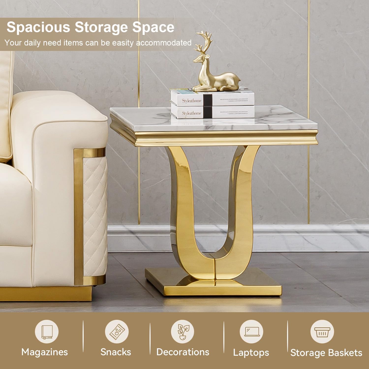3 Piece Living Room Table Set, Faux Marble Coffee Table Set of 3, Modern White Coffee Table and 2 End Tables with Gold Stainless Steel U-Base for Living Room Home Office