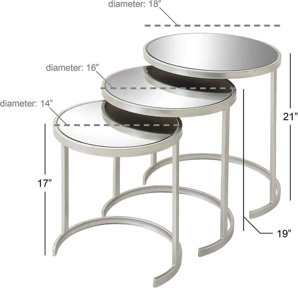 Deco 79 Metal Side End Accent Table Round Nesting End Table with Mirrored Glass Top, Set of 3 Side Table 21', 19', 17'H, Silver