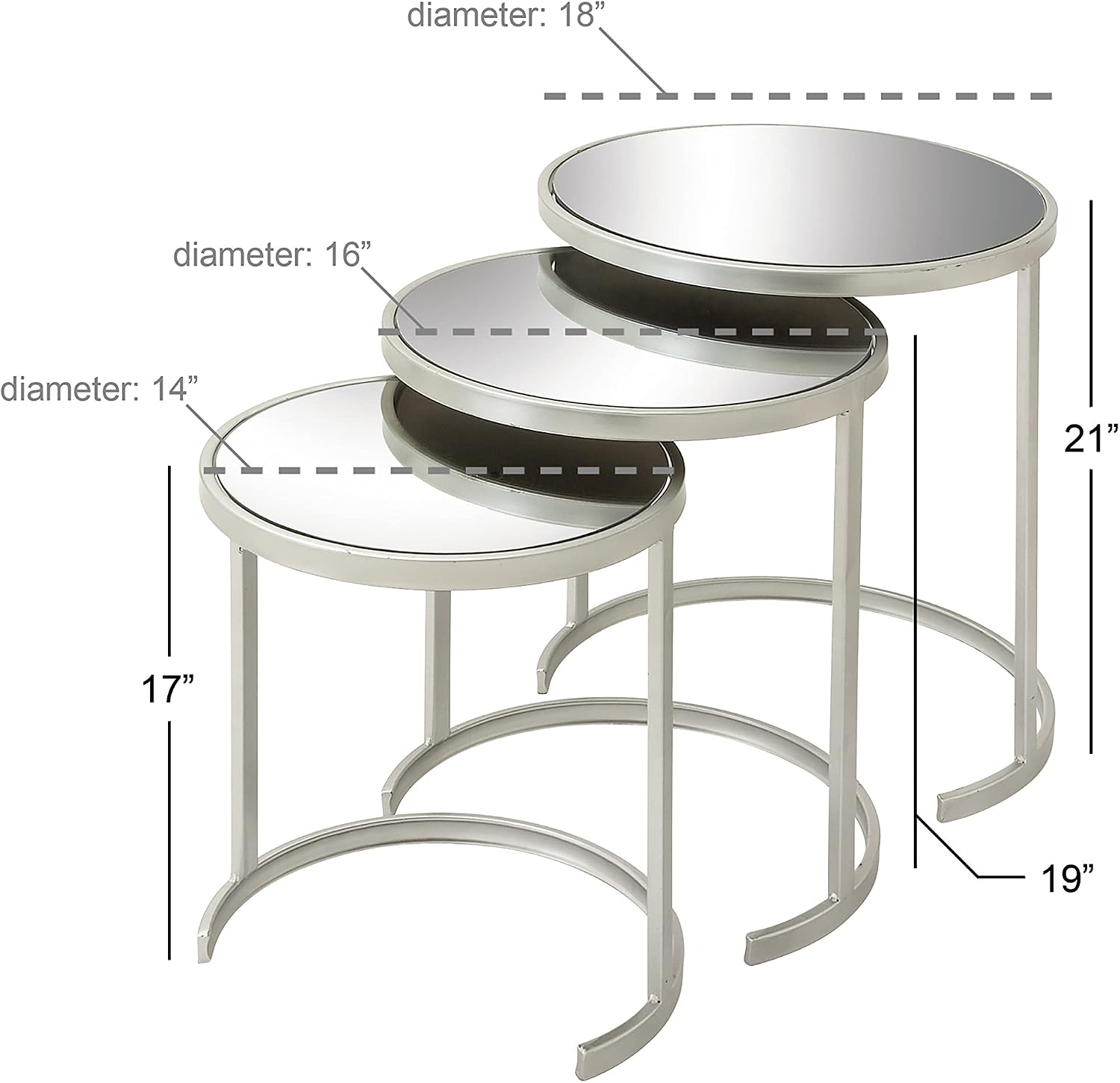 Deco 79 Metal Side End Accent Table Round Nesting End Table with Mirrored Glass Top, Set of 3 Side Table 21', 19', 17'H, Silver