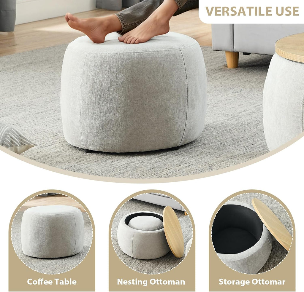 Round Ottoman with Storage Set, 25' +18' Circle Coffee Table Upholstered Nesting Modern End Table Footstool with Removable Wood Tray Chenille for Living Room No Assembly, Light Grey