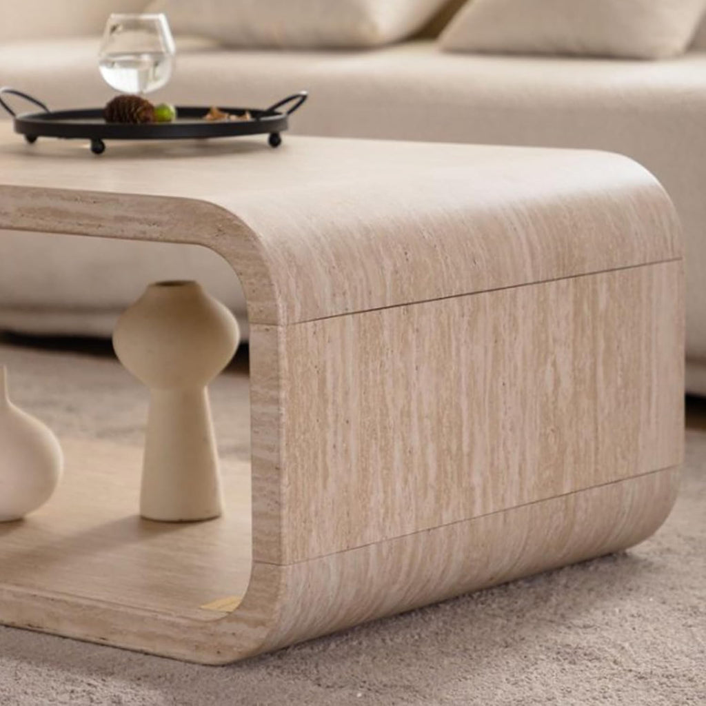 47.24' Faux Mars Coffee Table with Storage Shelf, 2-Tier Travertine Coffee Tables for Living Room,Modern Rectangle Center Tea Table with Rounded Corners for Apartment Bedroom Office, Easy Assembly