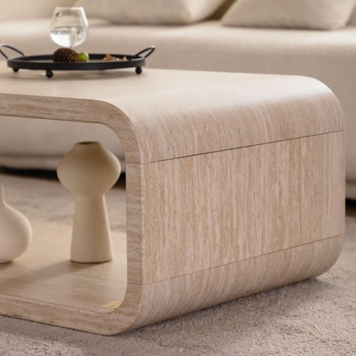 47.24' Faux Mars Coffee Table with Storage Shelf, 2-Tier Travertine Coffee Tables for Living Room,Modern Rectangle Center Tea Table with Rounded Corners for Apartment Bedroom Office, Easy Assembly