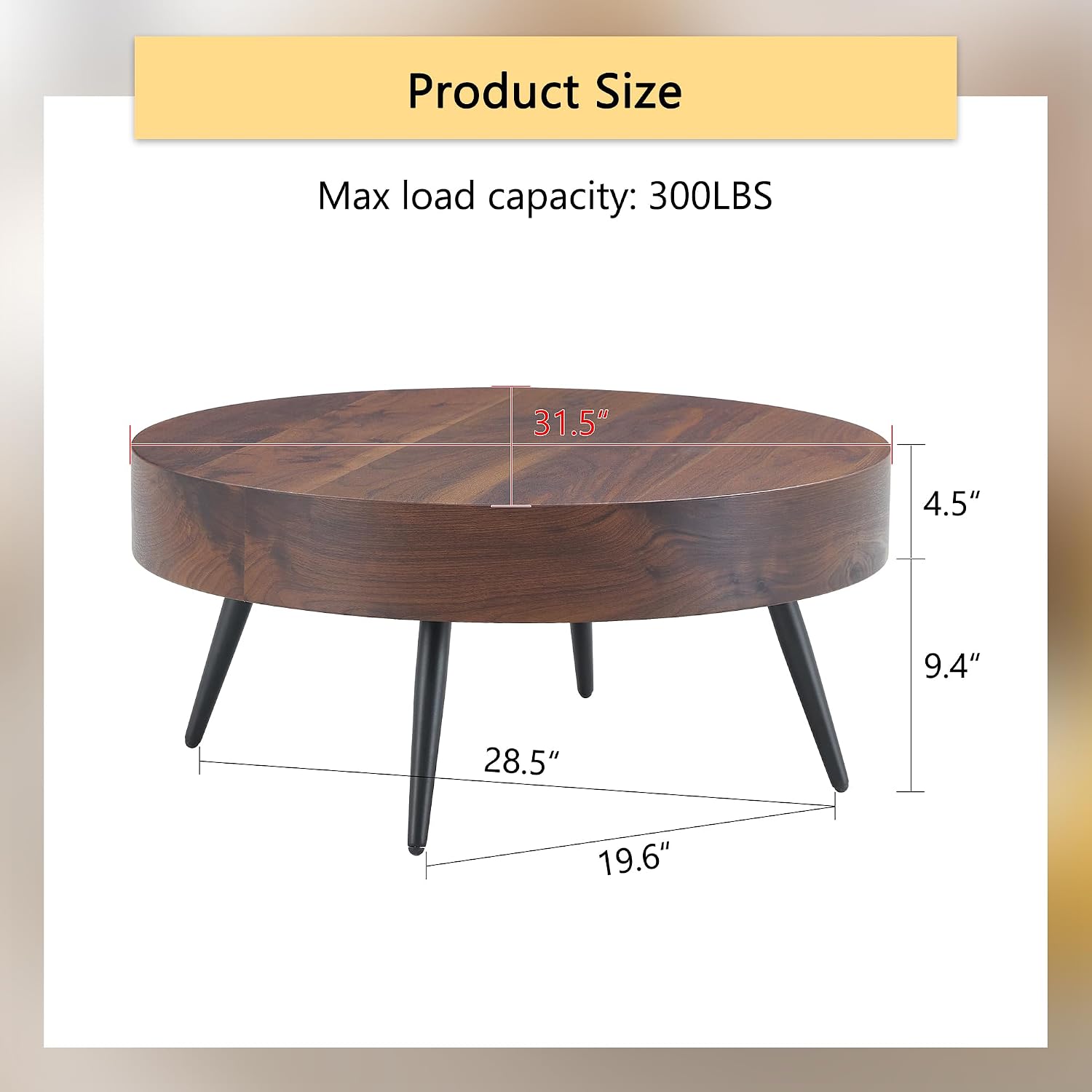 Round Coffee Table with Storage Walnut Wood Coffee Table for Living Room Mid Century Modern Coffee Tables