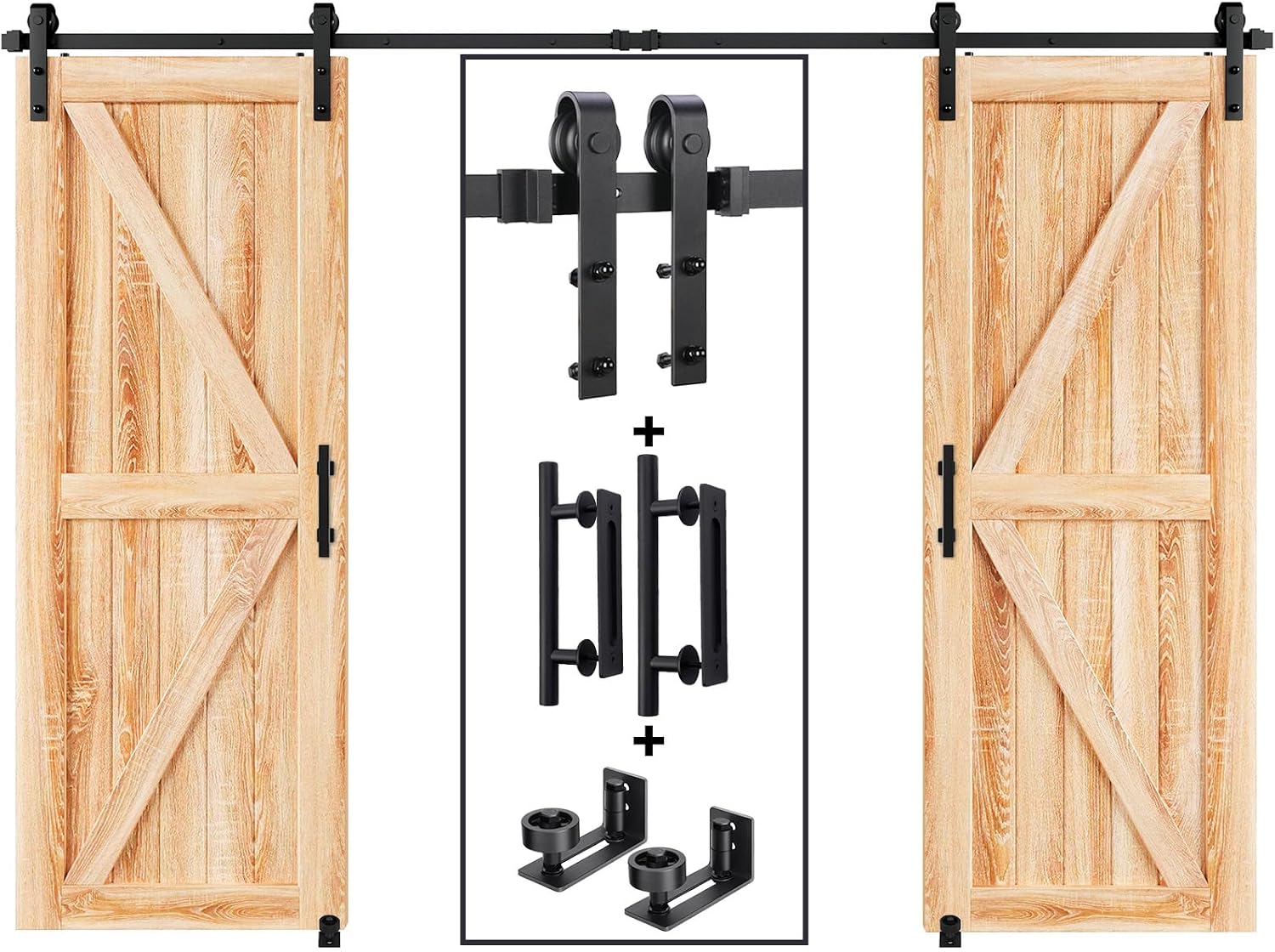 EaseLife 10 FT Double Sliding Barn Door Track and Handle Hardware Kit,Basic J Pulley,Slide Smoothly Quietly,Easy Install (10FT Track Kit for 27'~30' Wide Double Door)
