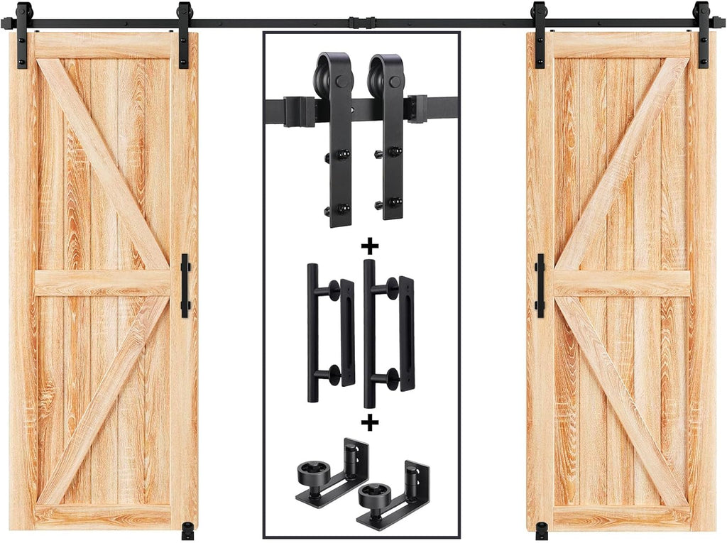 EaseLife 12 FT Double Sliding Barn Door Track and Handle Hardware Kit,Basic J Pulley,Slide Smoothly Quietly,Easy Install (12FT Track Kit for 33'~36' Wide Double Door)